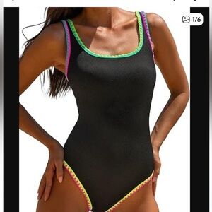 Popvil Black One-Piece Swimsuit with Neon Trim NWT